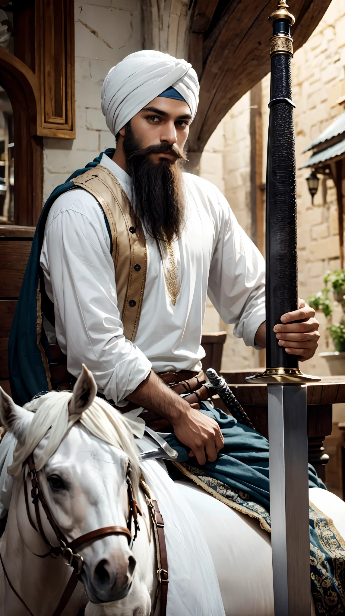 Turban with beard and a sword sitting in the white horse