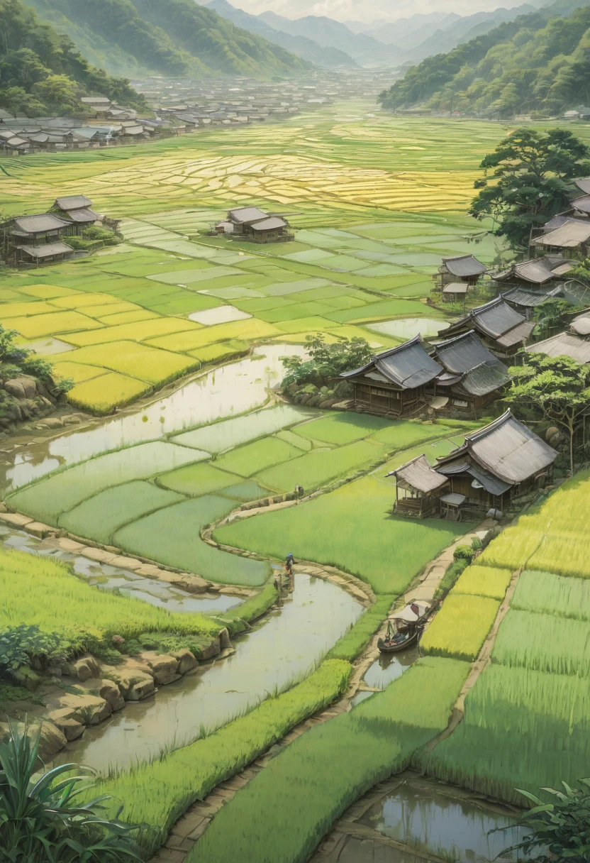 rice paddy, by Yoshiyuki Sadamoto, best quality, masterpiece, Representative work, official art, Professional, Ultra intricate detailed, 8k