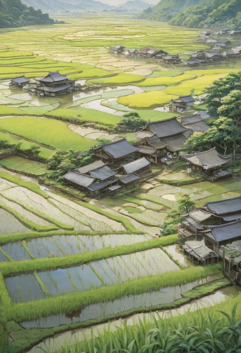 rice paddy, by Yoshiyuki Sadamoto, best quality, masterpiece, Representative work, official art, Professional, Ultra intricate detailed, 8k