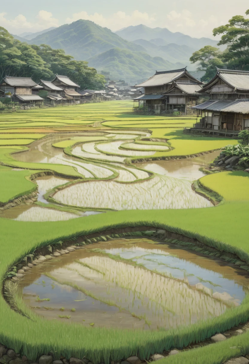 rice paddy, by xu beihong, best quality, masterpiece, Representative work, official art, Professional, Ultra intricate detailed, 8k