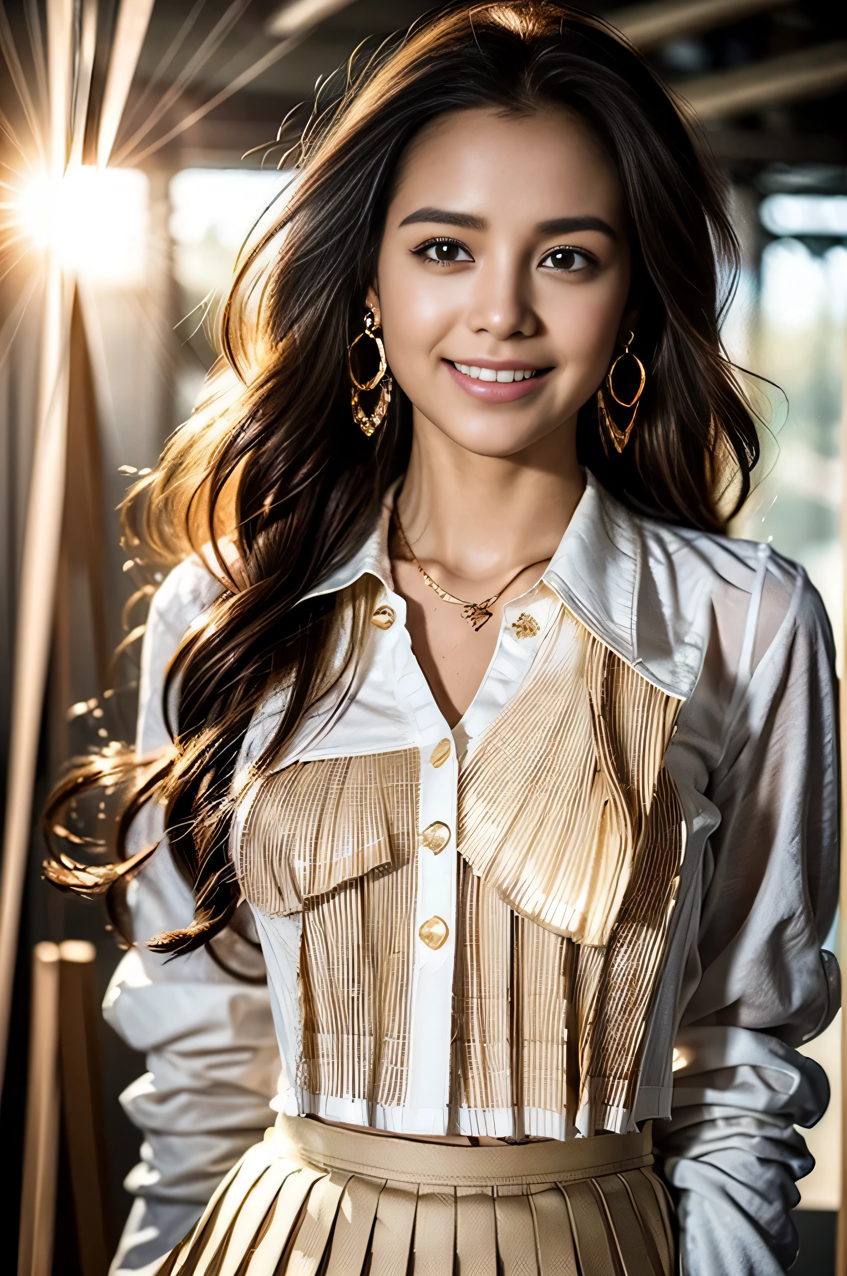 (Realistic、Like a photograph、Live Action、8K, Photorealistic, RAW Photos, Best image quality: 1.4), Single-lens reflex camera、RAW Photos, Highest quality, Realistic, Highly detailed CG Unity 8K wallpaper, Written boundary depth, Cinematic Light, Lens flare, Ray Tracing, Realistic background、(Black long sleeve blouse:1.4、Long skirt:1.1、Small breasts:1.37、((Wear a name tag around your neck)))、((Ultra-dense skin))、 1 female,Cute Japanese Woman、Japanese office lady at work、((whole body:1.5)，View the computer:1.1、smile、Pink inner color hair、Long Hair:1.2、Half Up Hair、I like that style、Stylish、Very detailed、Pay attention to the details、Perfect outfit、(Sunburned skin)、Beautiful legs:1.1，Are standing、View from the front