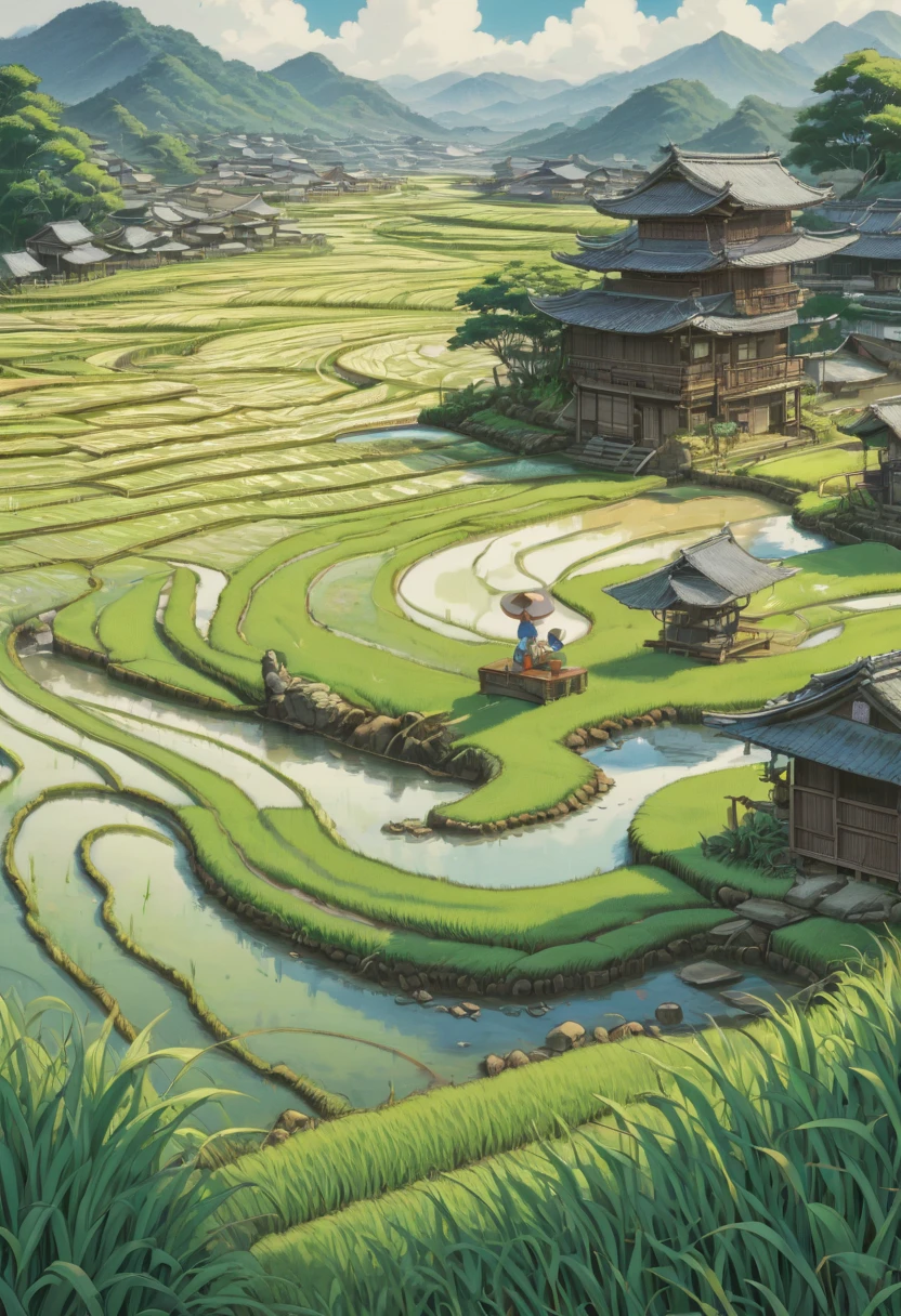 rice paddy, by Osamu Tezuka, best quality, masterpiece, Representative work, official art, Professional, Ultra intricate detailed, 8k