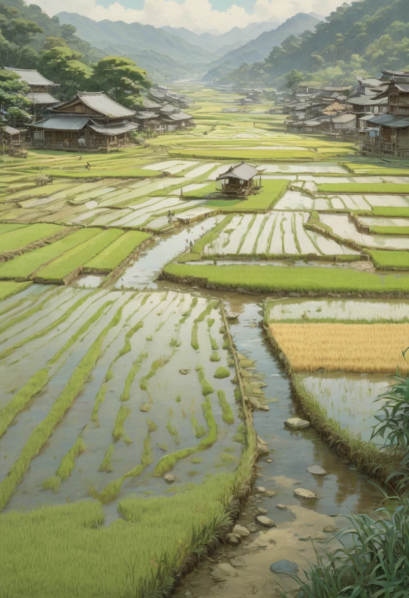 rice paddy, by Akihiko Yoshida, best quality, masterpiece, Representative work, official art, Professional, Ultra intricate detailed, 8k