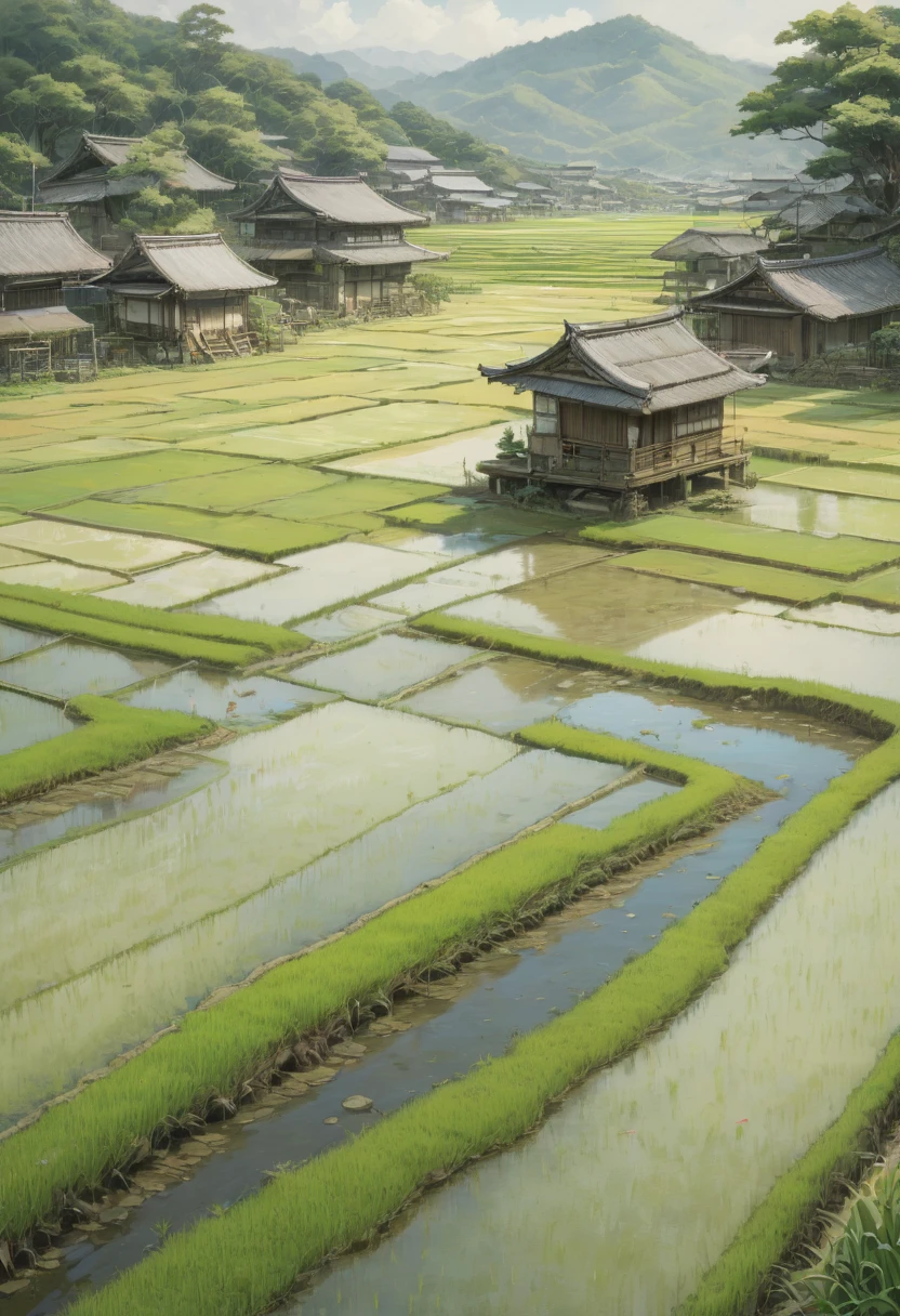 rice paddy, by Akihiko Yoshida, best quality, masterpiece, Representative work, official art, Professional, Ultra intricate detailed, 8k