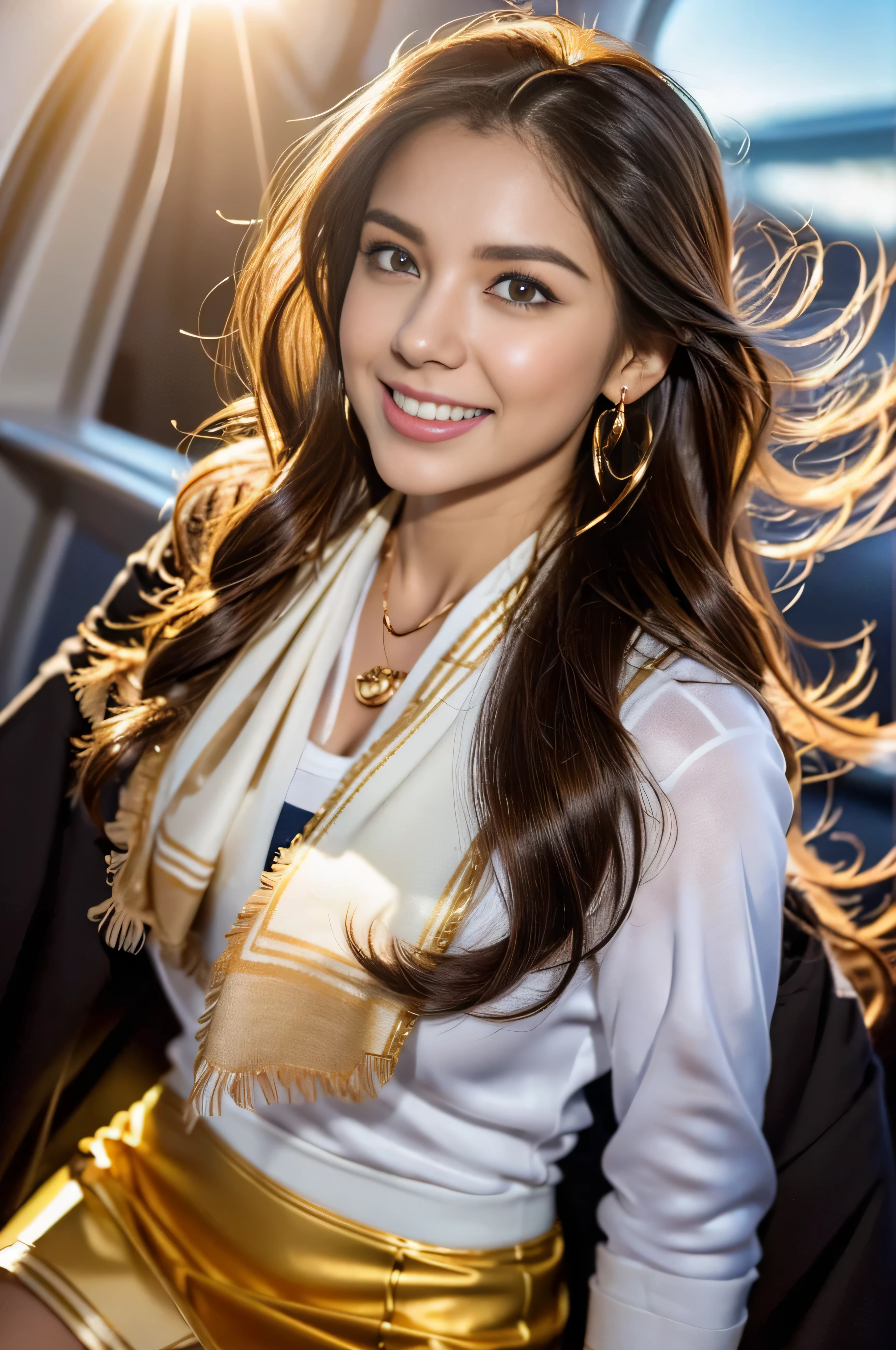 (Photoreal Stick:1.5, masutepiece:1.5, 8K), (top-quality, ​masterpiece, 超A high resolution), Professional camera work, Perfect dynamic composition, Highly detailed skin and facial texture:1.3, Grow Light Effect, The ultra-detailliert, Mystical portrait, 1girl in, (Intense sunlight:1.3, Sunlight pouring down from above:1.3, Strong sunlight spreads across the screen:1.5), (Shoot with blur:1.4, fog the lens:1.4), Model body type, beautiful and clear face, (Eyes that feel beautiful eros:0.6, Enraptured look:0.7, i love you completely:0.5, slightly open mouth, A mouthfeel that feels beautiful eros:0.6), (Dark brown medium hair, the hair flutters with the wind), the chest is medium, a necklace),(stewardess uniform,flight attendant uniform,tight miniskirt,white shirt,silk scarf,inside the airplane:1.4), (inside private jet, indoor, hyper detailed background:1.2),((shy smile:1.3)),((gold necklace＿Large earrings:1.2)),((Hair with loose waves inside:1.2)),((Super long brown hair:1.2))fullbody shot、((full figure supermodel standing, entire body in frame))