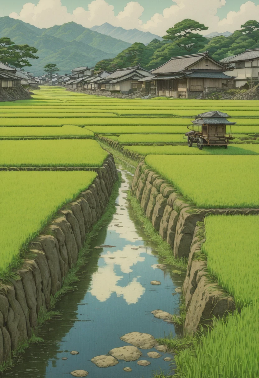 rice paddy, by Kawase Hasui, best quality, masterpiece, Representative work, official art, Professional, Ultra intricate detailed, 8k