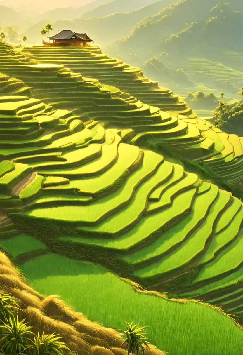 steep hillside，paddy, paddy, Terraces，Intensive rice farming, Balancing swamp water levels, big buffalo，straw, morning sunrise,