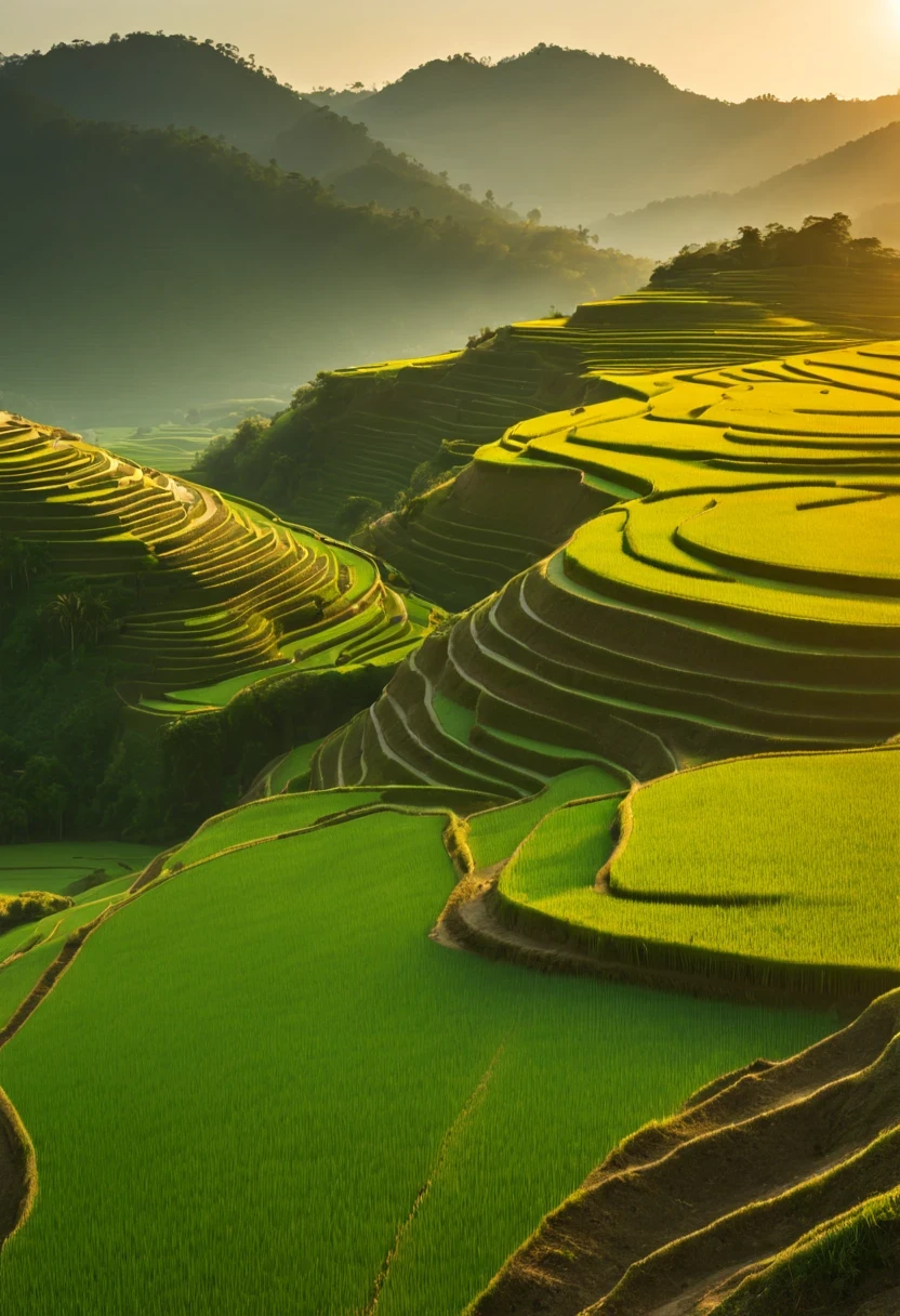 Beautiful terrace, Green rice paddies, pond, houses, Guilin landscape, The best in the world, HD, 512k