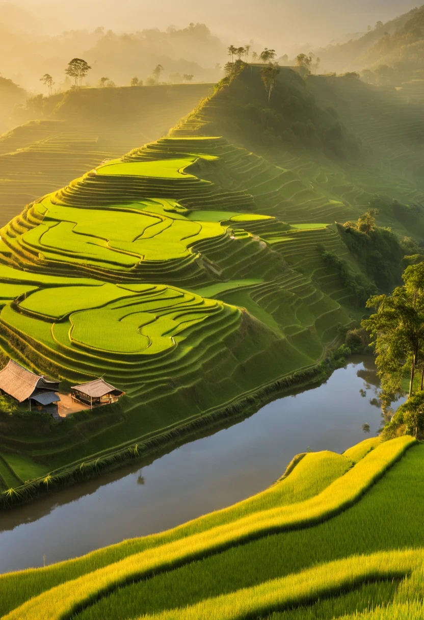 Beautiful terrace, Green rice paddies, pond, houses, Guilin landscape, The best in the world, HD, 512k