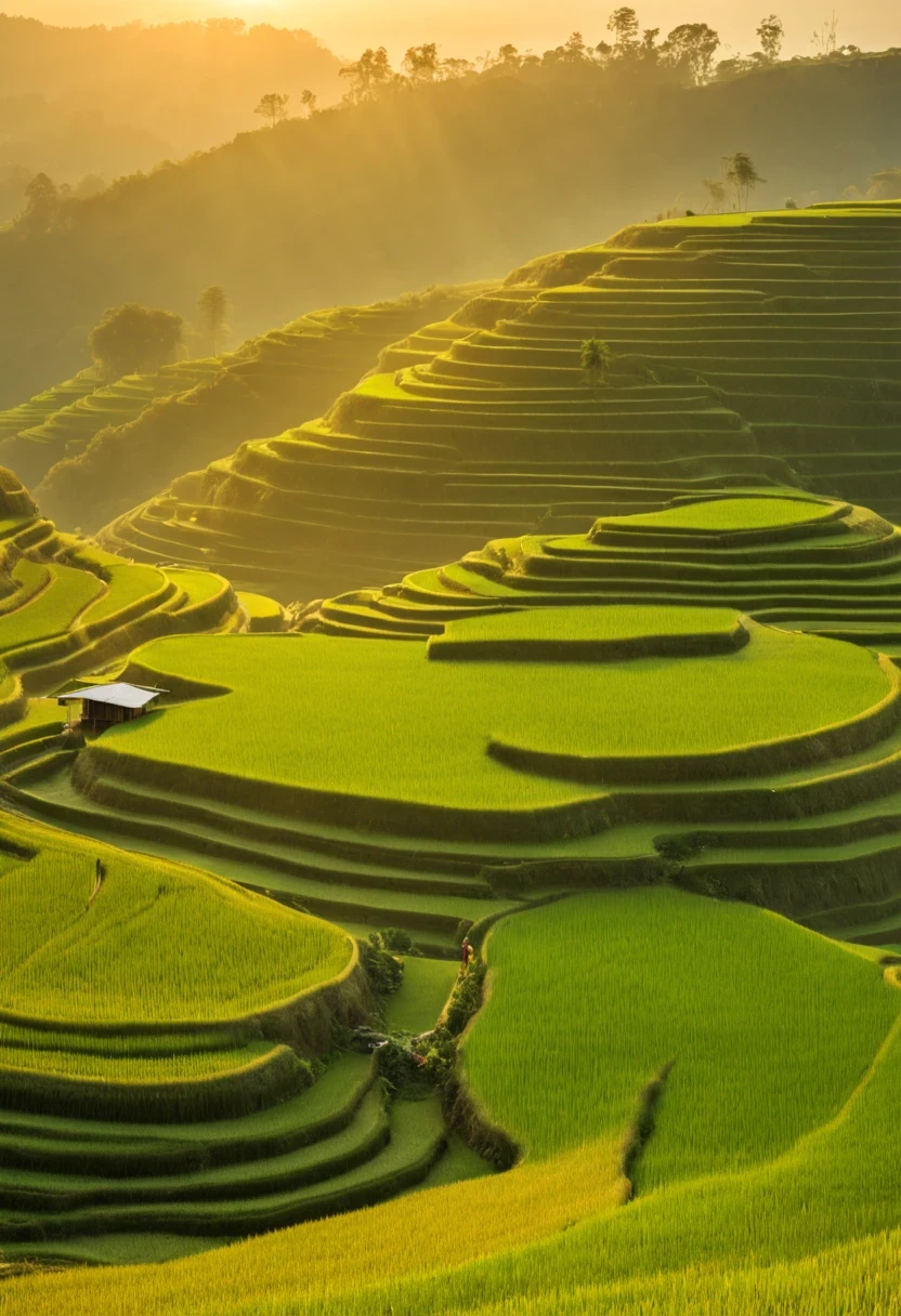 Beautiful terrace, Green rice paddies, pond, houses, Guilin landscape, The best in the world, HD, 512k