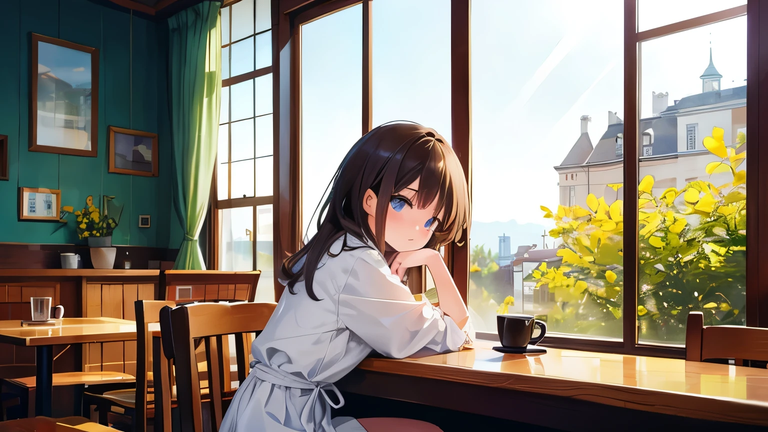 Girl looking out the window in a peaceful cafe