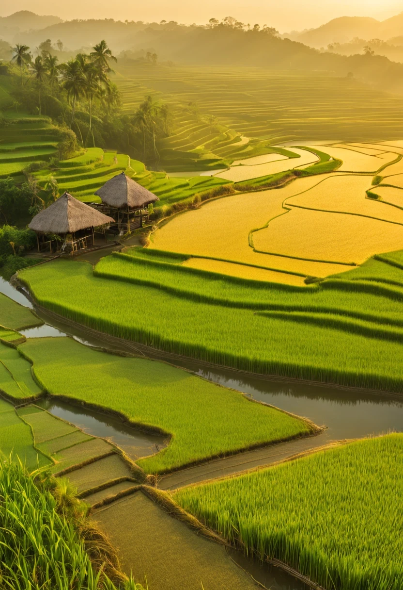 Beautiful terrace, Green rice paddies, pond, houses, Guilin landscape, The best in the world, HD, 512k