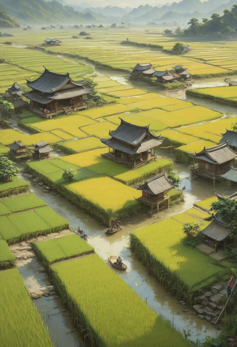rice paddy, by Chen Longque, best quality, masterpiece, Representative work, official art, Professional, Ultra intricate detailed, 8k