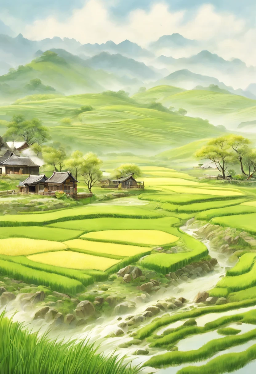 paddy，rural area，Pastoral scenery，spring landscape