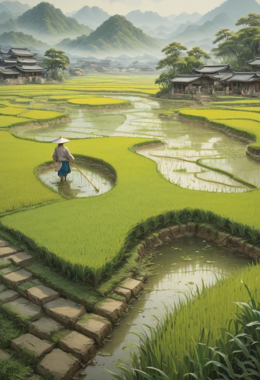 rice paddy, by Chen Dingbo, best quality, masterpiece, Representative work, official art, Professional, Ultra intricate detailed, 8k