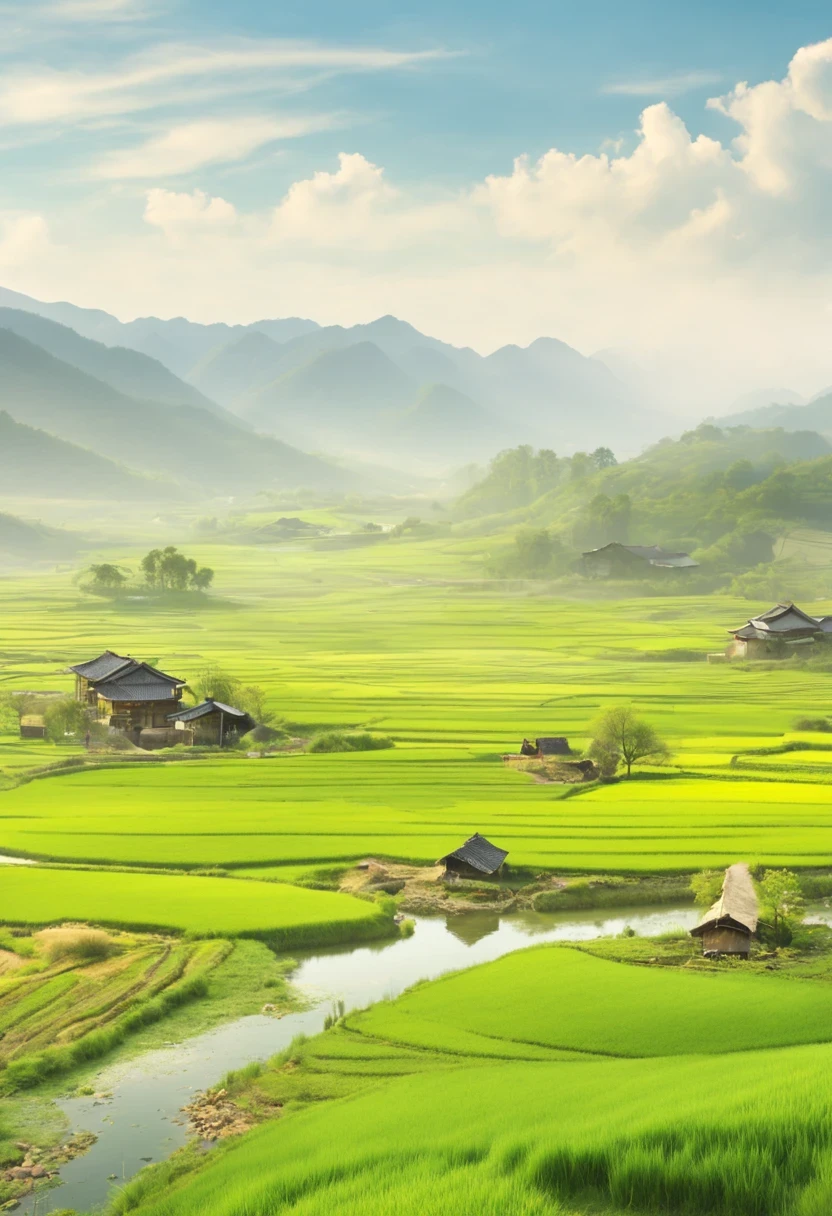 paddy，rural area，Pastoral scenery，spring landscape