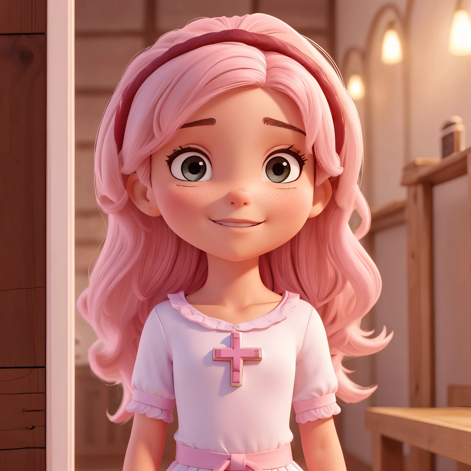 Jovem, cabelos longos castanhos, olhos castanhos, vestido rosa, pink bible, Jesus e Nossa Senhora no fundo 