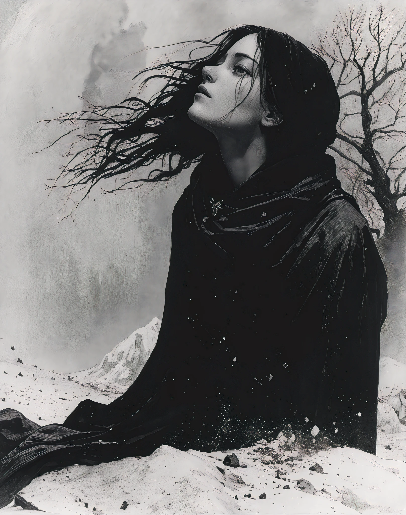 (best quality, masterpiece:1.3), illustrations from the comic book of feist nyada's samada, in the style of gothic realism, arkhyp kuindzhi, dark expressionism, multi-panel compositions, gritty elegance, elisa breton, stipple