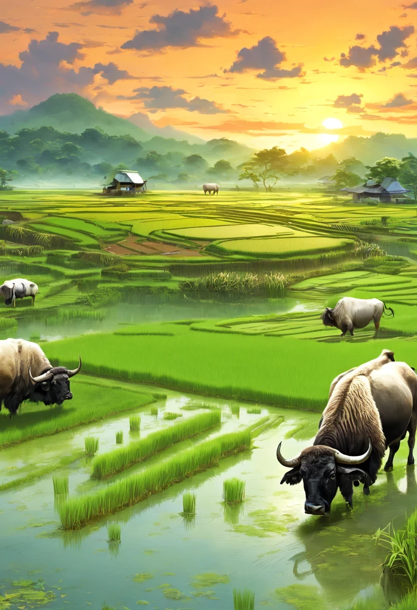 paddy，rice，countryside，Pastoral scenery，spring scenery，beautiful sunset，rice种植, swamp water level, big buffalo，rice straw, bright colors，Fresh greenery，farmland，