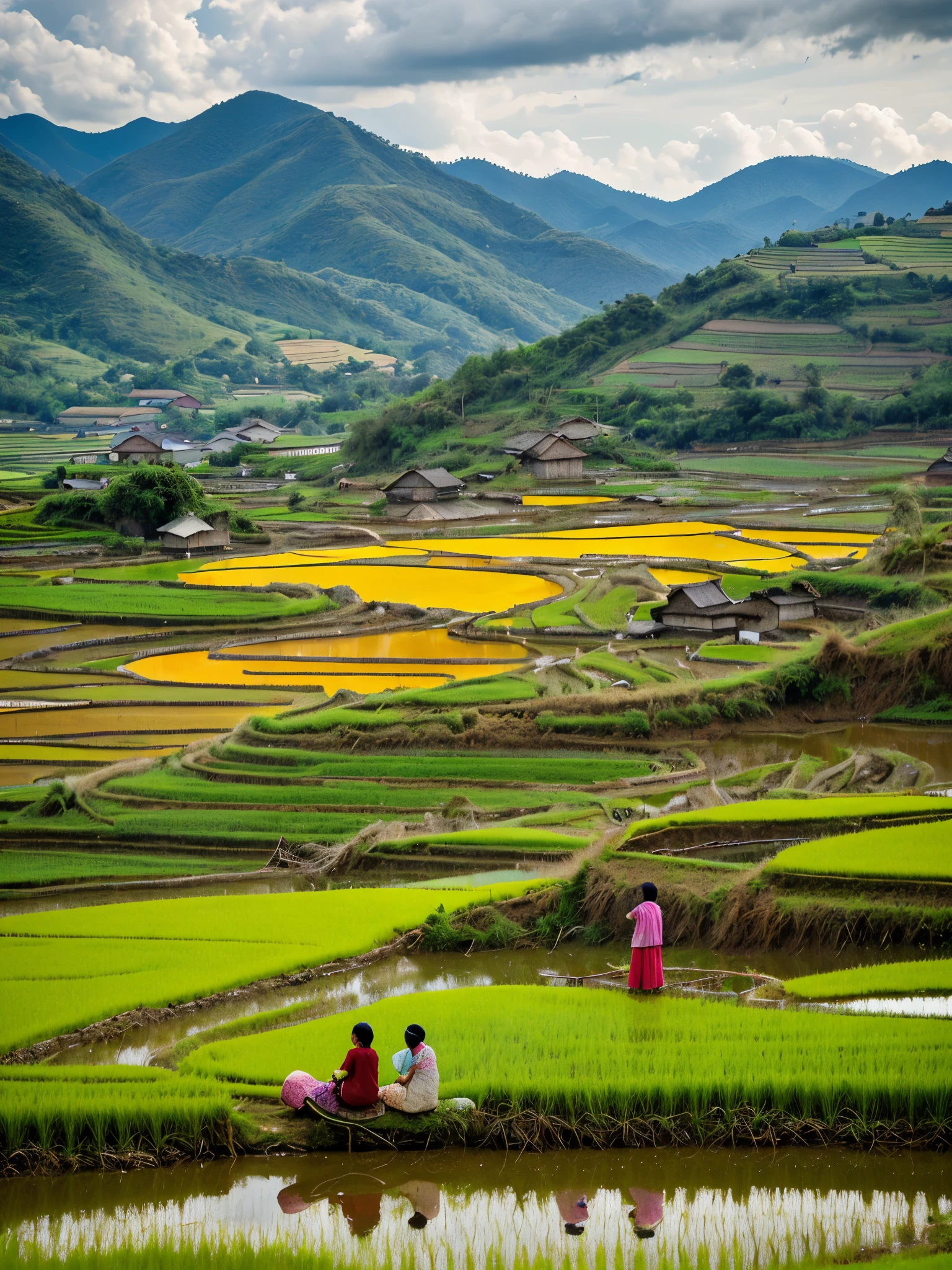 Realistic photo, 8k, masterpieces, rice paddy, beautiful scenery, colorful rice pady, Two young women from the village are harvesting rice from the field, perching in the muddy water,  mountains in background, colorful sky,  depth of field, wide shot, film grain, 8k,