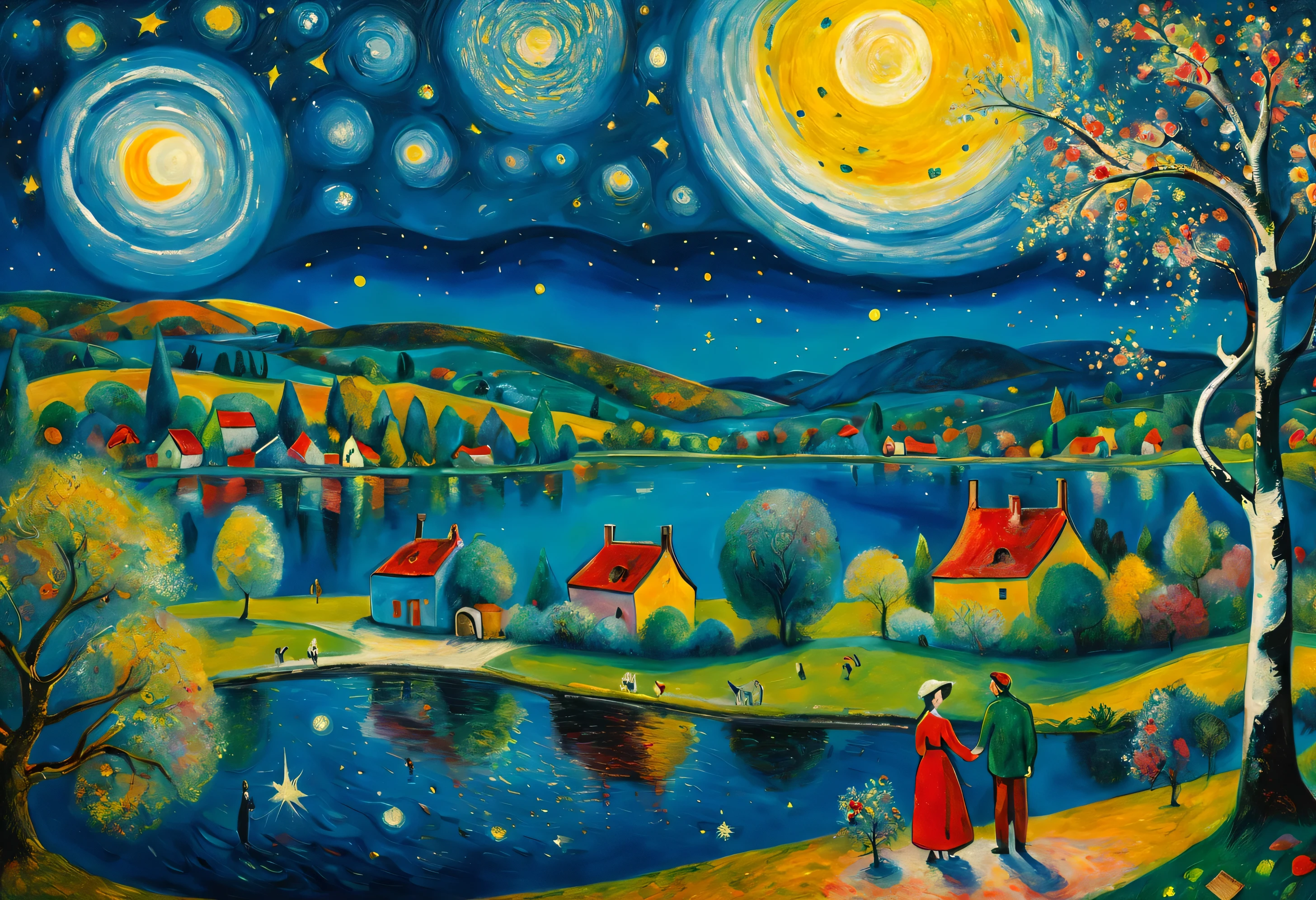 pair, village by the lake and birch forest and apple orchard, Starlight Night, ((style by Marc Chagall)), magical naive art, primitivism, prototype, ((Best quality, Masterpiece)),
((Highest detail)), RAW:1,1, 8K