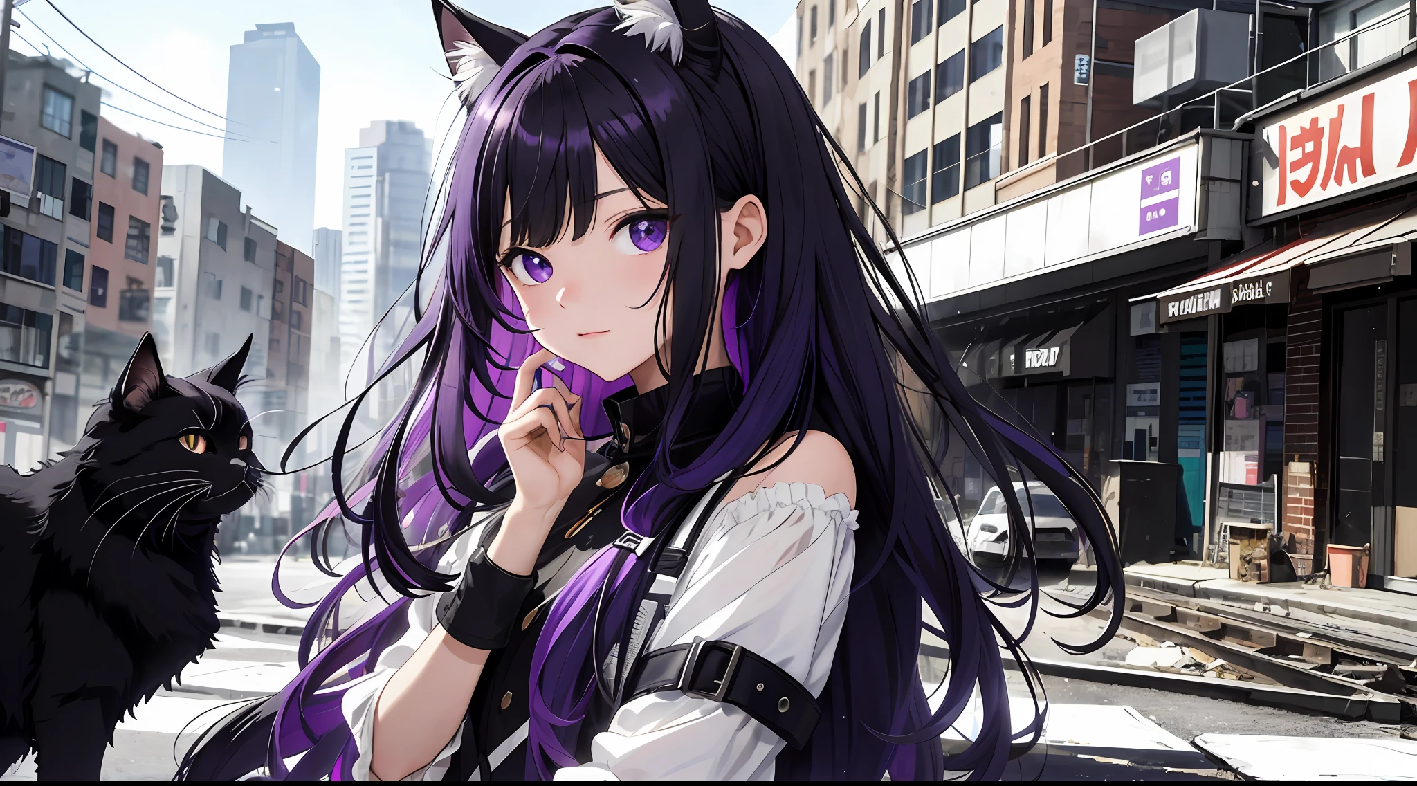 Masterpiece, top quality, high resolution, super detail, flat lighting, 1 girl, 6 year old girl, viewfinder, long medium hair, black purple hair, straight hair, black purple cat ears, small white ear fluff, shiny hair, black eyes, black purple fashion, apocalyptic world, ruined city