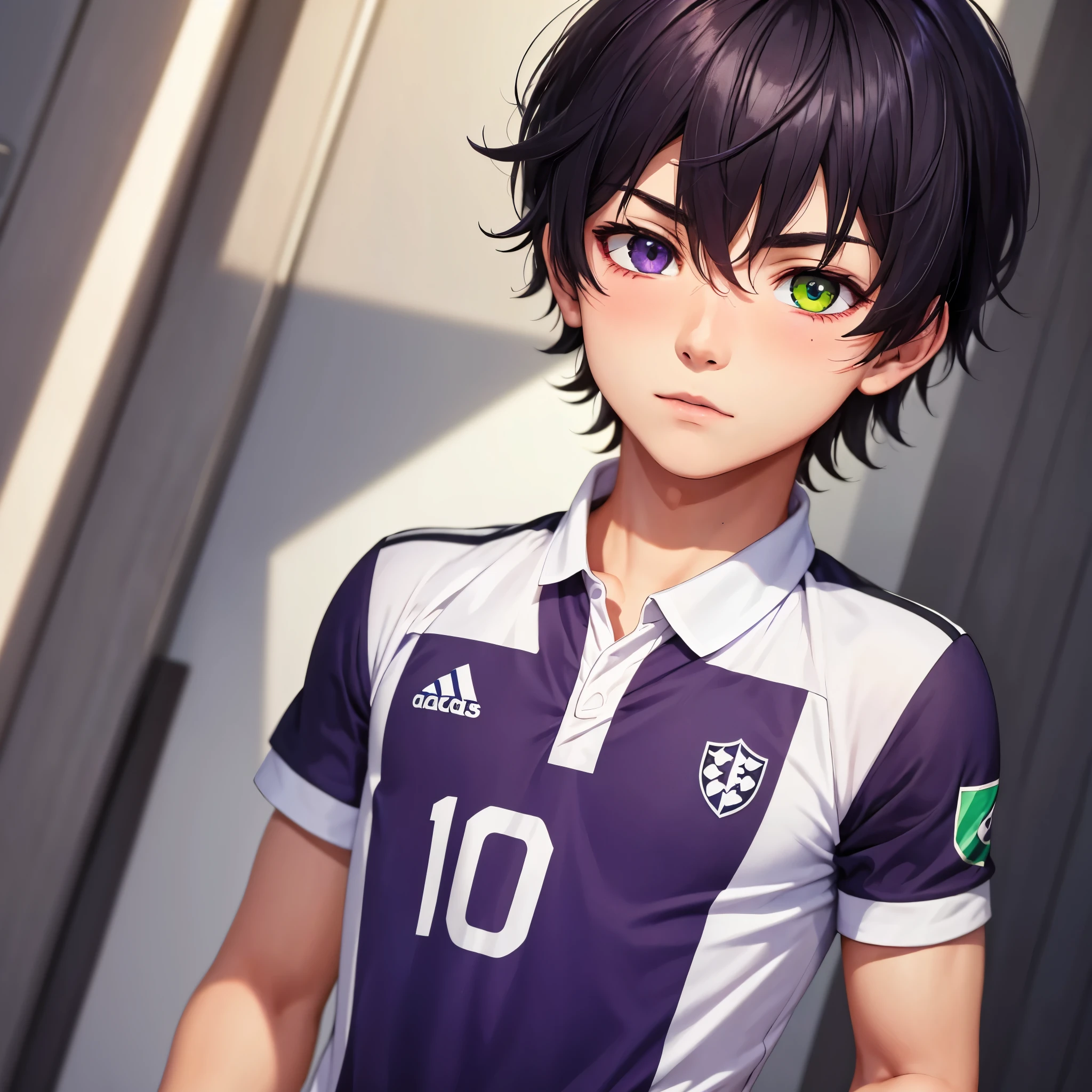 (1boy,masculino,solo),soccer uniform , heterochromia , one eye green , one eye purple