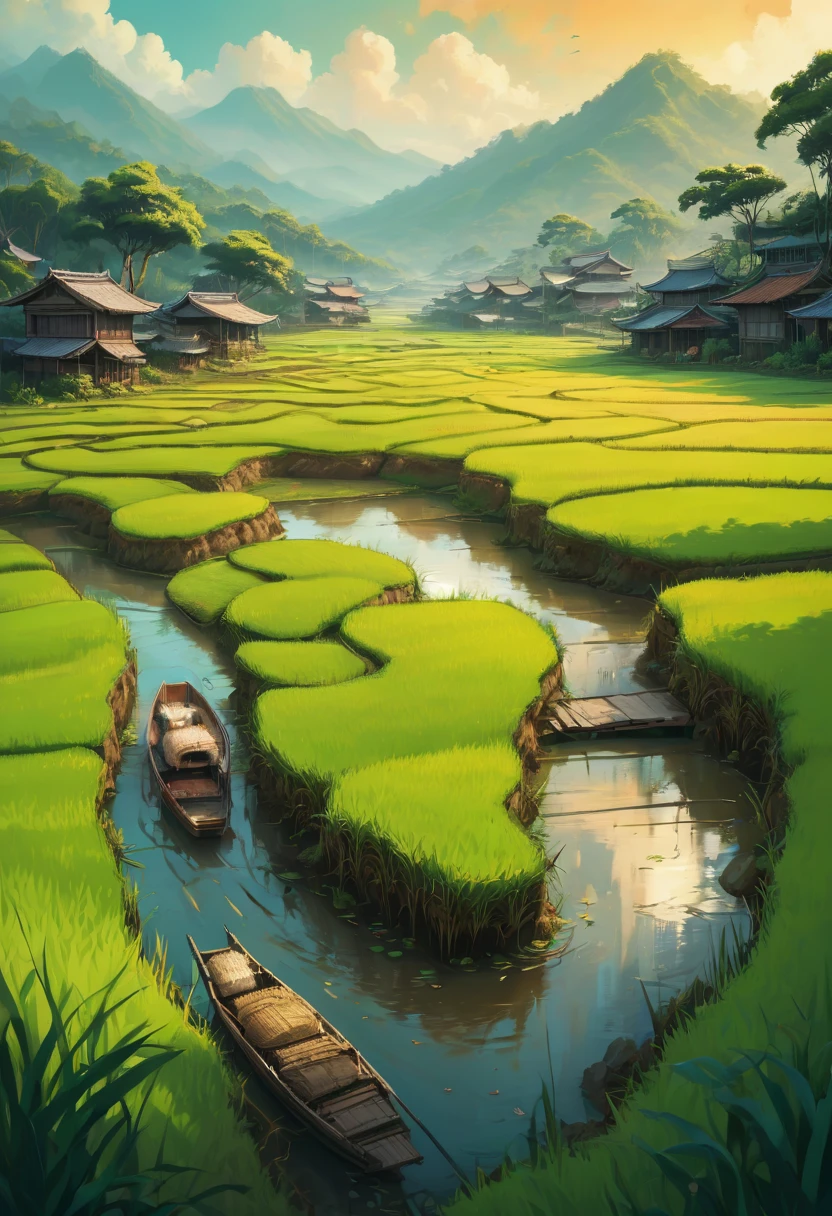 rice paddy, by Cyril Rolando, best quality, masterpiece, Representative work, official art, Professional, Ultra intricate detailed, 8k