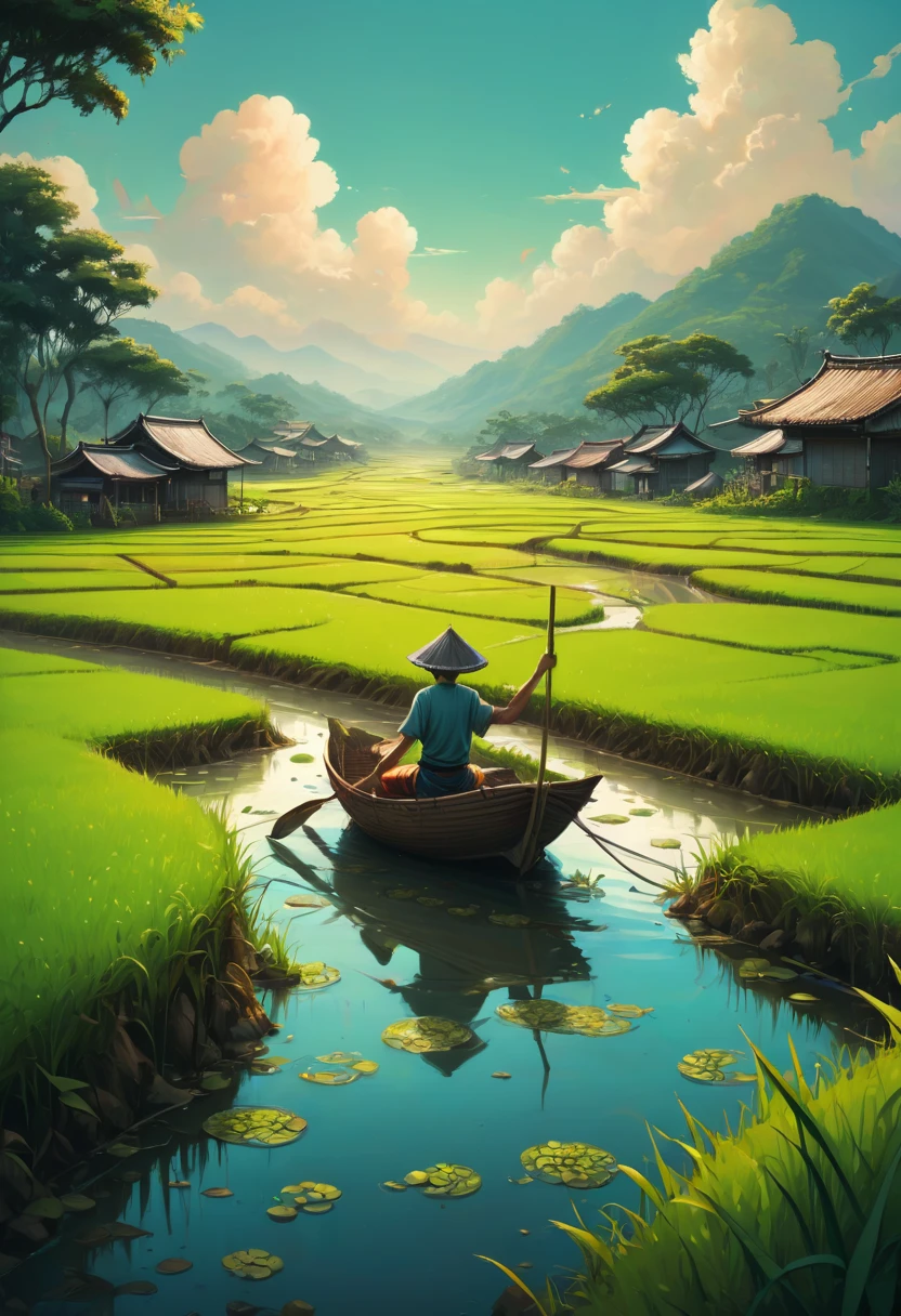 rice paddy, by Cyril Rolando, best quality, masterpiece, Representative work, official art, Professional, Ultra intricate detailed, 8k