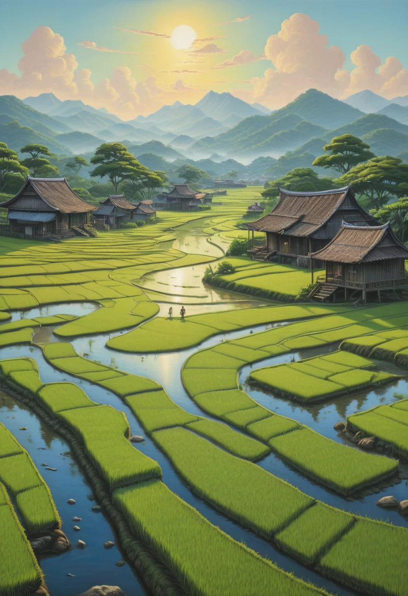 rice paddy, by Cyril Rolando, best quality, masterpiece, Representative work, official art, Professional, Ultra intricate detailed, 8k