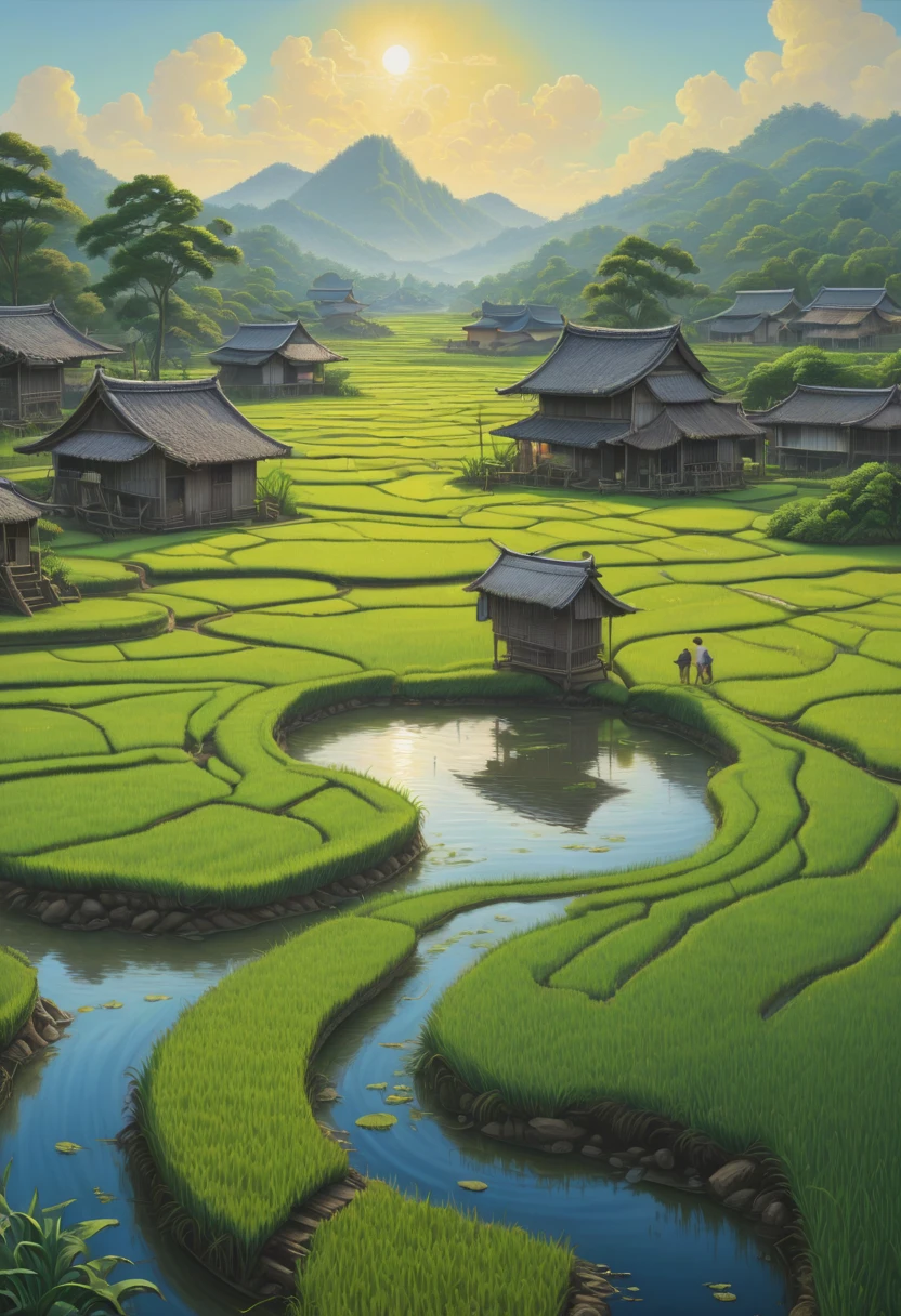 rice paddy, by Cyril Rolando, best quality, masterpiece, Representative work, official art, Professional, Ultra intricate detailed, 8k