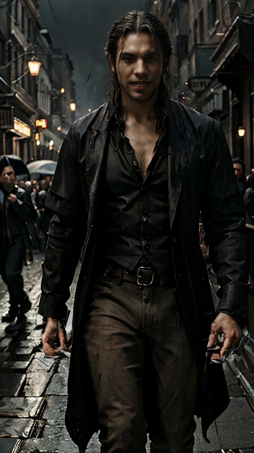 (dark fantasy rpg artwork) ( far shot ) ( vampire ) a oil painting artwork of a heavy crowded rainy night scene on the streets when a vampire young man well dressed is hidden walking among a crowd of humans on the streets smiling with his mouth open, focus on the vampire teeths, ((vampire:1.0))