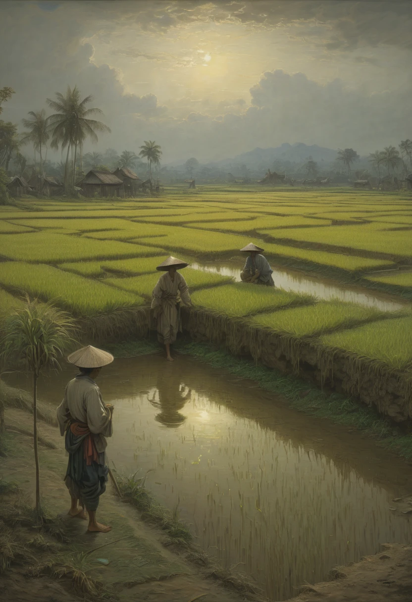 rice paddy, by Cyril Rolando, best quality, masterpiece, Representative work, official art, Professional, Ultra intricate detailed, 8k