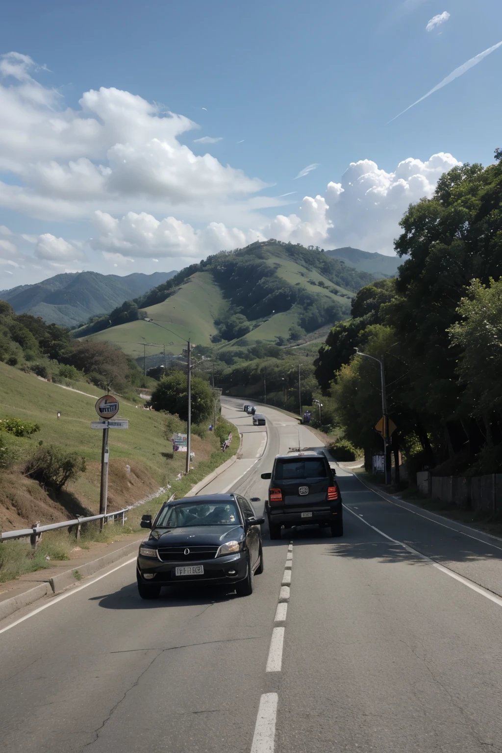 The photo should be centre of the long road both side should be green trees and cloudy sky no other vehicles are on the road. Mostly it's should like be in Hills station 
