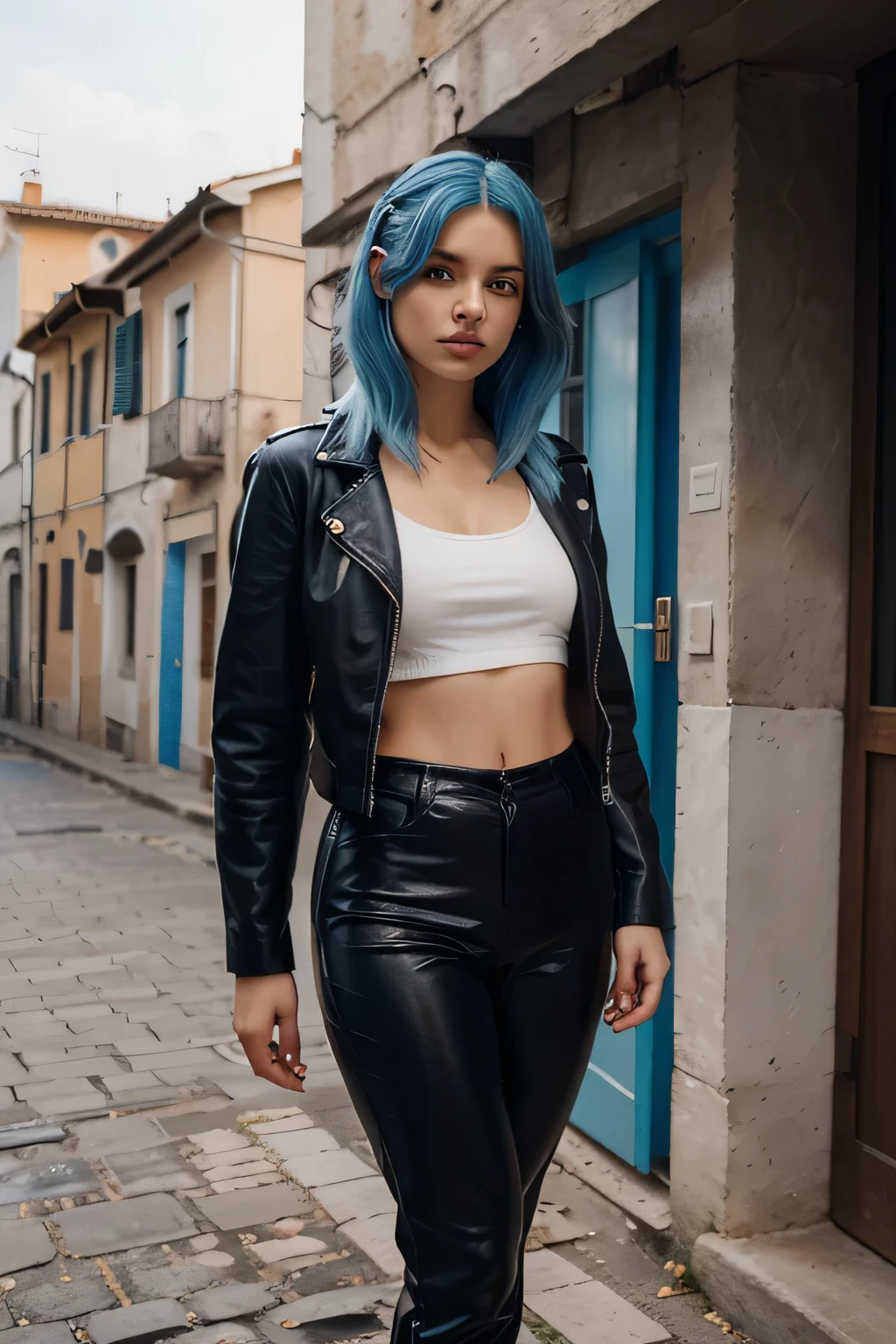 A stunningly beautiful girl poses in front of an architectural building in Italy, sie hat blaue Augen, Sie ist 22 Jahre alt, She is wearing a black leather jacket, ein Top und eine lange Hose, detaillierte Kleidung, she has flowing exotic Blaue Haare, Blaue Haare, helles Haar, kurzes Haar, Realistisch, Realismus, Meisterwerk, photoRealistisch