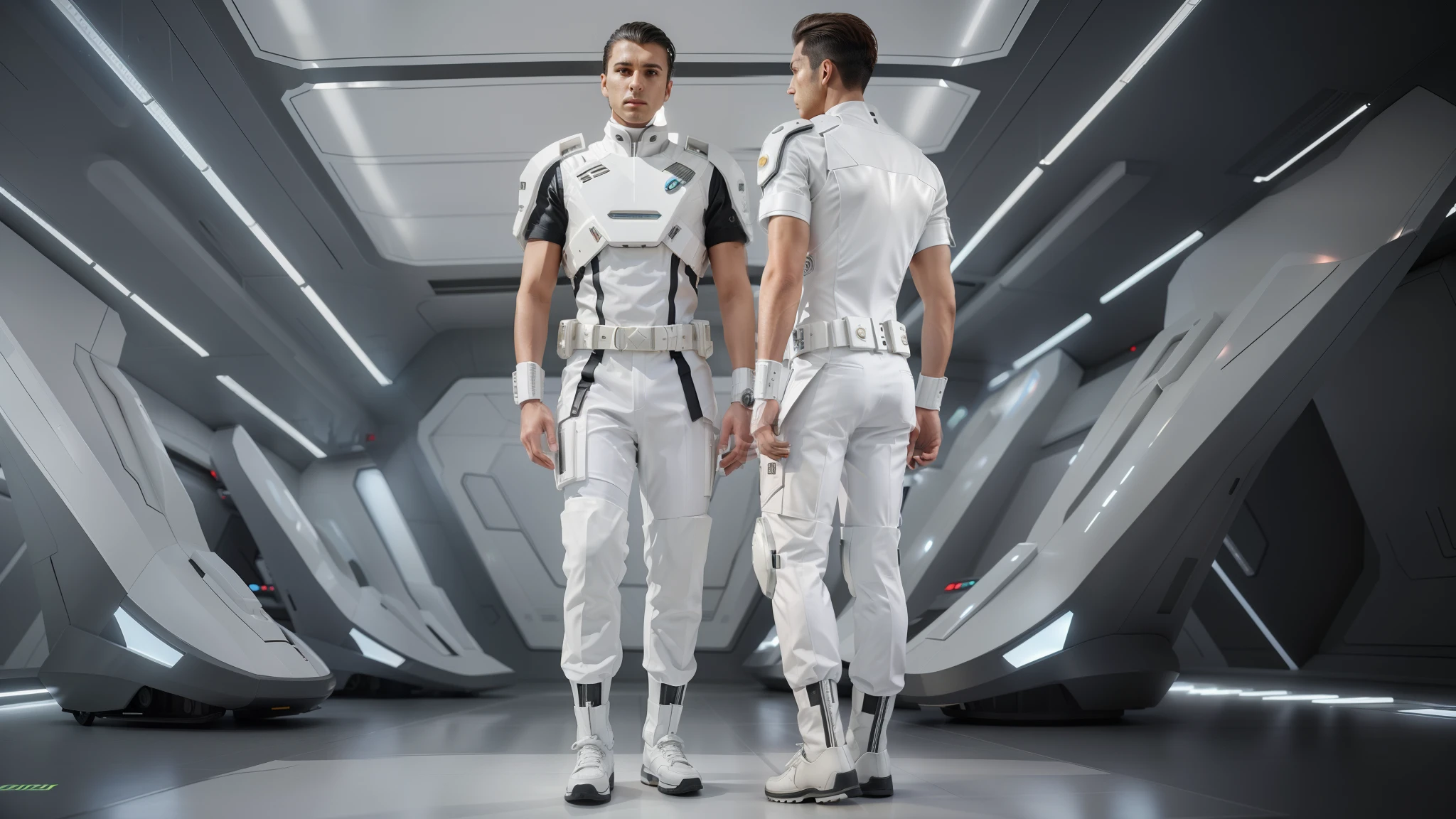 there are two men in white suits standing in a futuristic room, futuristic starship crew member, wearing roupas futuristas, roupas futuristas and helmet, dystopian scifi outfit, traje futurista, vestindo equipamento espacial futurista, roupas futuristas, roupas futuristas, Futuristic technological wear and tear, sci fi futuristic costume, traje espacial moderno, guarda-roupa futurista biopunk, Traje espacial futurista, em armadura futurista branca, detalhes hiper-realistas, estilo hiper realista, roupas muito detalhadas e ricas, forma corporal realista, artstation man aesthetic, estilo hiper realista, estilo de arte fotorrealista, highly detailed rendering, realistic rendering, altamente detalhado,  | | sombreado realista