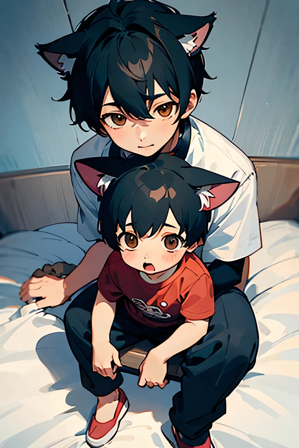 Cat ears, black hair, brown eyes, boy, , anime toddler, little boy