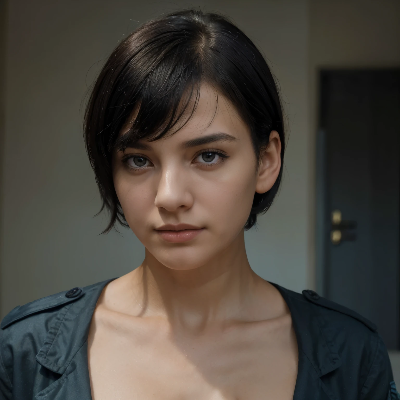 (highest resolution, distinct_image) Best quality, single person, one woman, solo, masterpiece, highly detailed, semi realistic, black short hair, black hair, bangs, 18 years old, mature, light blue military uniform, military uniform, indoor background, gentle, authoritative, powerful, exquisite facial features, exquisite facial features, big breast, naked