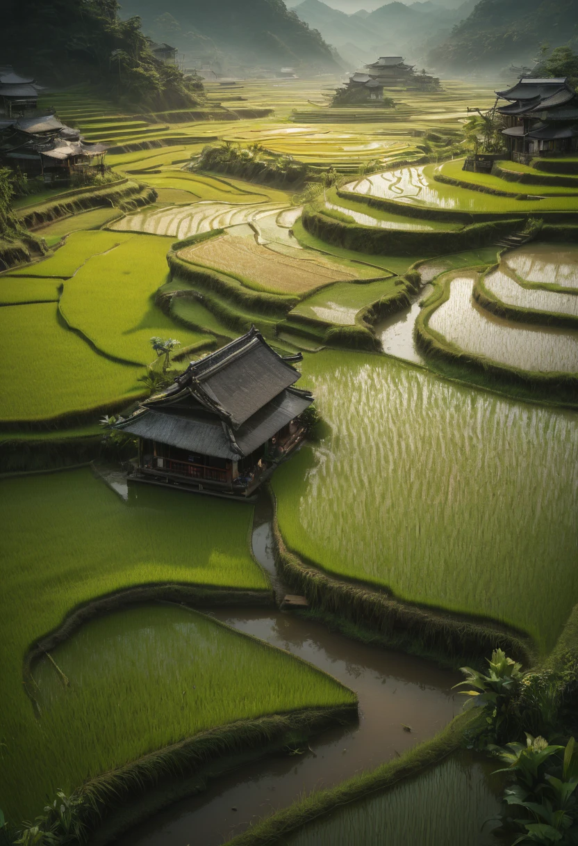 rice paddy, by Cyril Rolando, best quality, masterpiece, Representative work, official art, Professional, Ultra intricate detailed, 8k