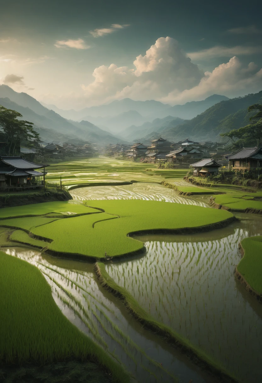 rice paddy, by Andy_Lee, best quality, masterpiece, Representative work, official art, Professional, Ultra intricate detailed, 8k
