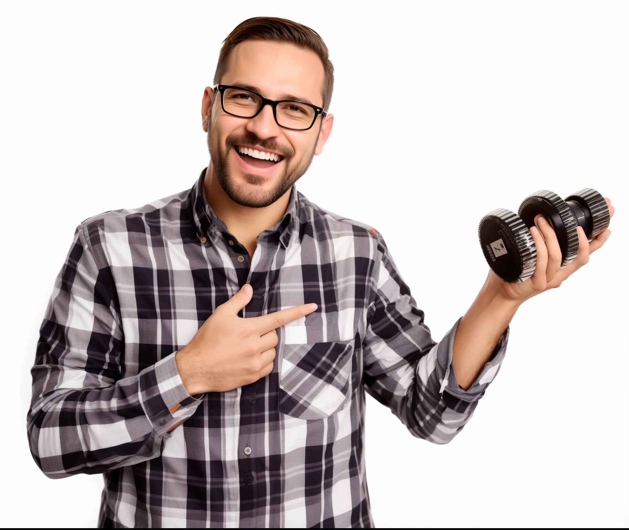 homem arafiado de camisa xadrez segurando uma engrenagem e apontando para ele, homem na casa dos 40, pai hipster, foto comercial, homem na casa dos 30 anos, publicity photo, man with glasses, 3 6 anos, foto de um homem, photographic portrait