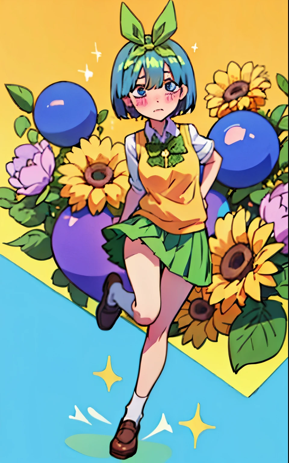 Rem dressed up as Yotsuba Nakano, school uniform, short blue hair, sparkling blue eyes, sweet face, tender, lovely, 4k, perfect quality, excellent fusion, excellent character design, green ribbon, sleeveless yellow sweater, collared white short sleeved shirt, green bow tie, green pleated skirt, bright colors, pastel coloured image, vivid colours, light colours, simple background, magic hill background, splendid nature, natural light, daylight, full body, full shot, dinamic pose, extremely detailed, clean lineart, neat, blushing, vute face, sweet, 