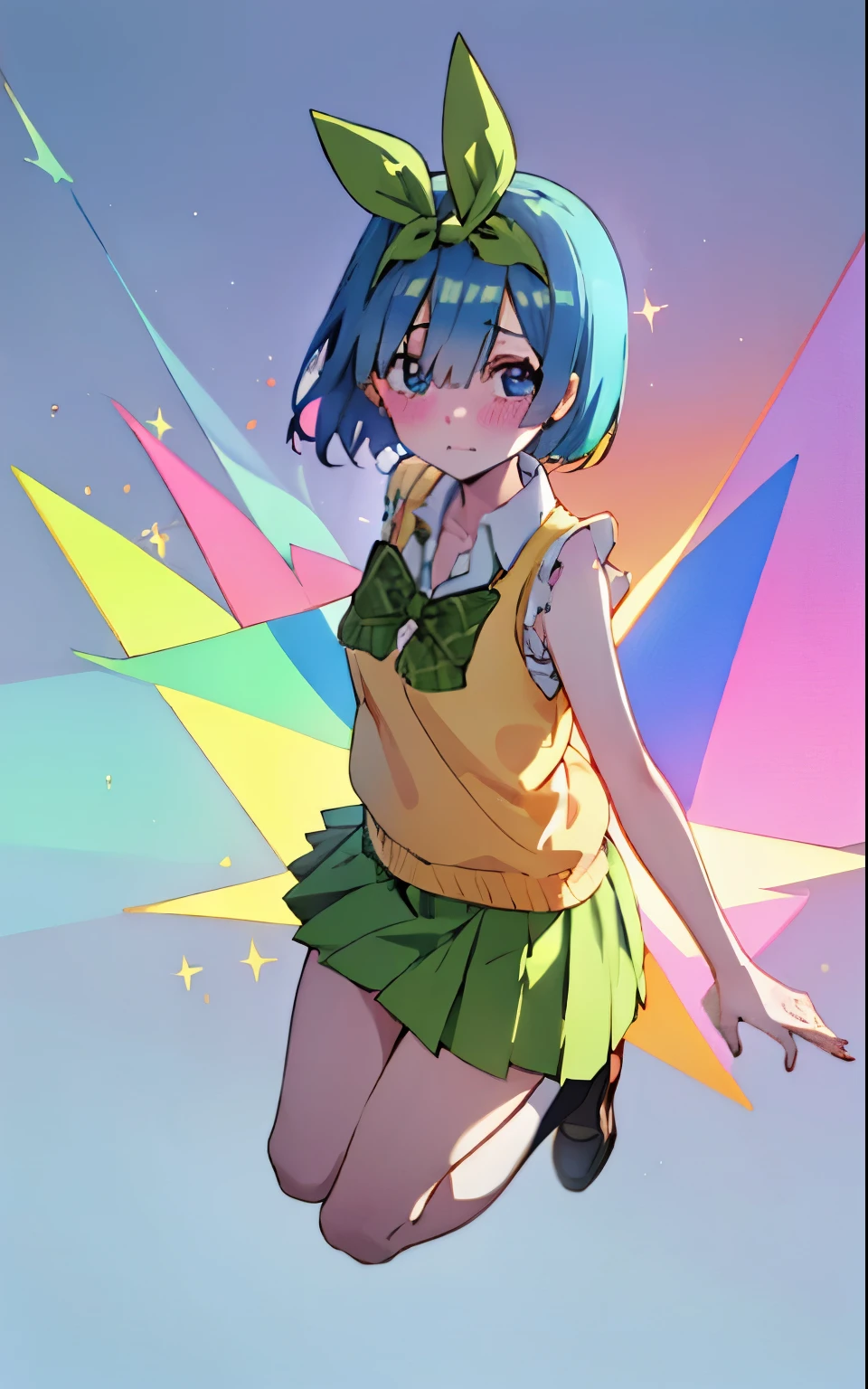 Rem dressed up as Yotsuba Nakano, school uniform, short blue hair, sparkling blue eyes, sweet face, tender, lovely, 4k, perfect quality, excellent fusion, excellent character design, green ribbon, sleeveless yellow sweater, collared white short sleeved shirt, green bow tie, green pleated skirt, bright colors, pastel coloured image, vivid colours, light colours, simple background, magic hill background, splendid nature, natural light, daylight, full body, full shot, dinamic pose, extremely detailed, clean lineart, neat, blushing, vute face, sweet, 