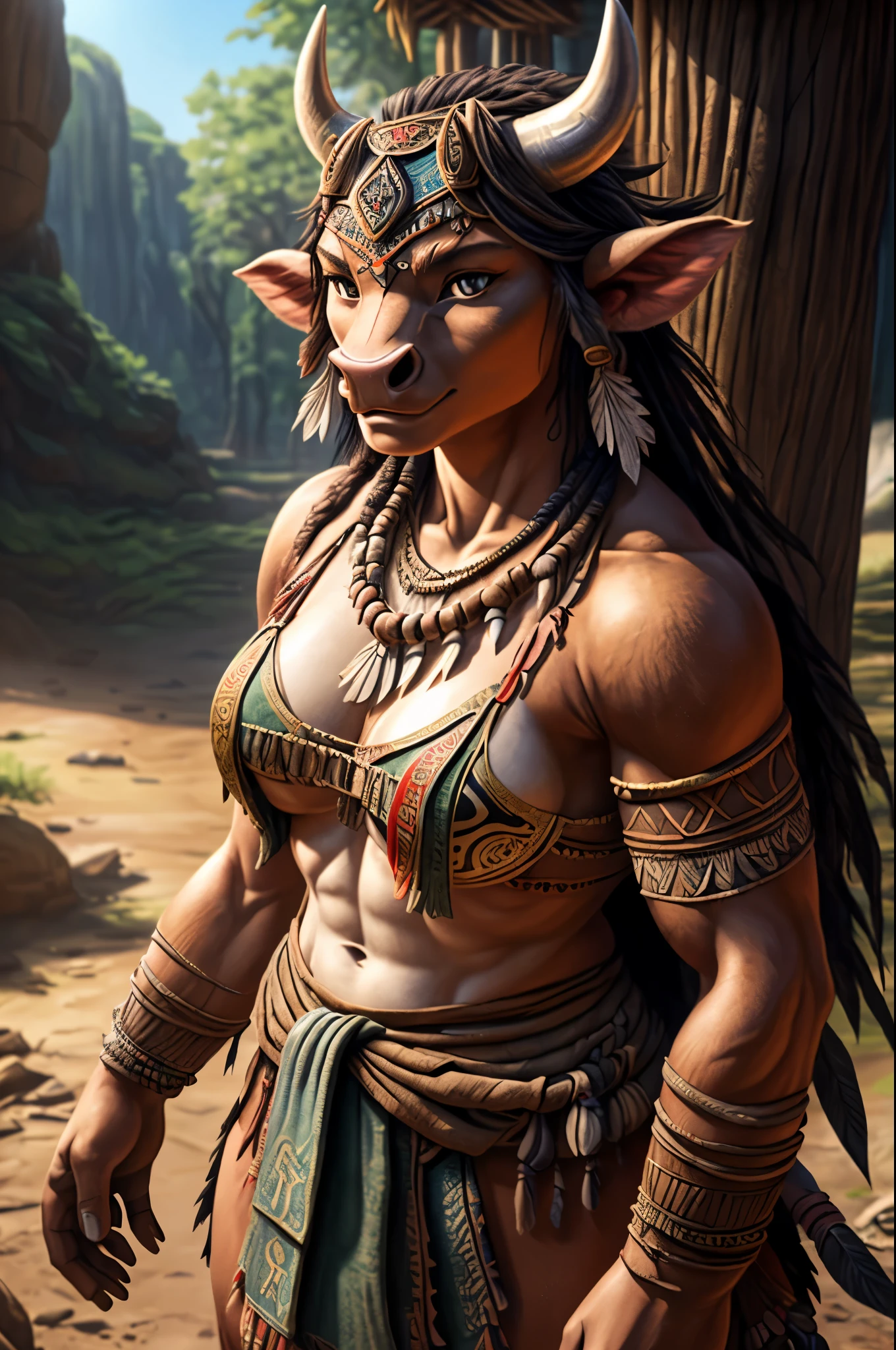 (8k, RAW photo, best quality, masterpiece), (1girl:1.5), a detailed character portrait, clearly worked out detail, (female taurus, cow, warrior, fighter), ((athletic, cute face)), ((wearing tribal clothes, rags)), rpg, dnd, lithe, intricate, cinematic, natural lighting, anime, MAPPA style, raytracing, detailed face, high resolution, (ultra detailed)