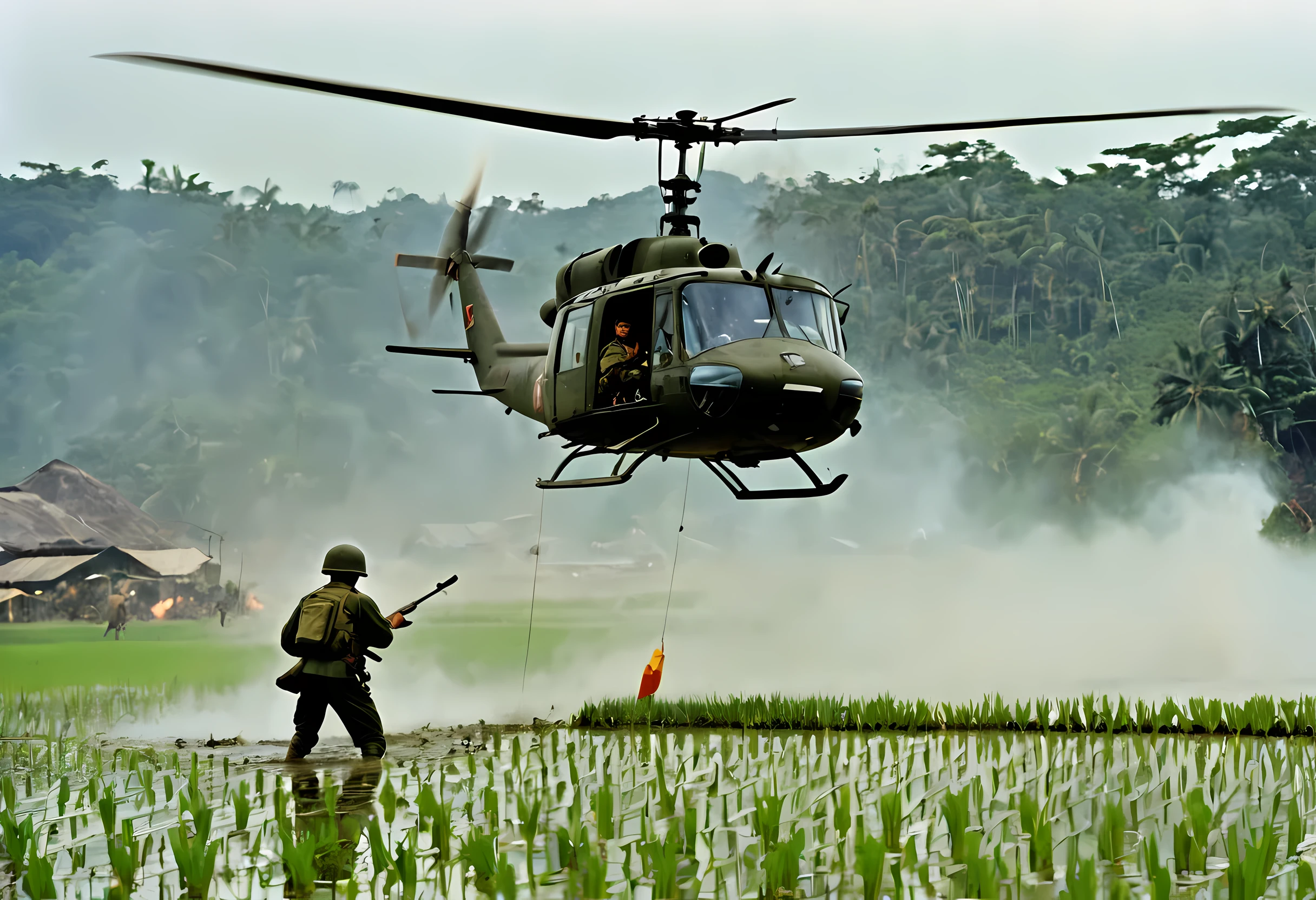 realistic photo, Vietnam War era. rice fields, military helicopters (Bell UH-1 Iroquois) flying high in the air. a squad of US soldierilitary outfit from year 1960) wading through rice fields in muddy water up to their knees, a burning village in the background, smoke elements in backrgound from fire in vilagedepth of field, 8k, film grain, raw photo, hdr, golden hour.