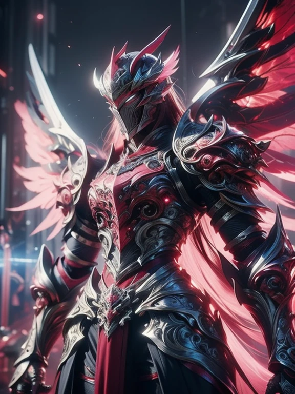 Character design, 1 girl,, slim body, medium chest, skinny waist, ((long deep red hair)). blue eyes. (((pink fantasy a female knight in a pink full armor))), (((big pauldrons, intricate details))), (((large armor wings))), (((advanced weapon fantasy plasma sword in right hand))), (standing), plain gray background, masterpiece, HD high quality, 8K ultra high definition, ultra definition,