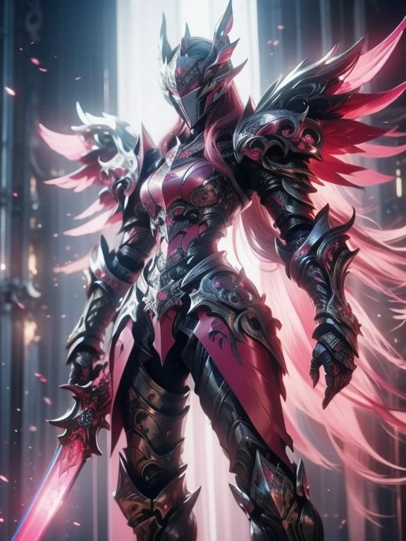 Character design, 1 girl,, slim body, medium chest, skinny waist, ((long deep red hair)). blue eyes. (((pink fantasy a female knight in a pink full armor))), (((big pauldrons, intricate details))), (((large armor wings))), (((advanced weapon fantasy plasma sword in right hand))), (standing), plain gray background, masterpiece, HD high quality, 8K ultra high definition, ultra definition,