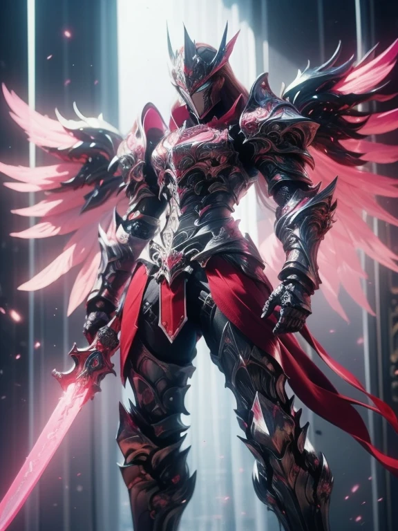 Character design, 1 girl,, slim body, medium chest, skinny waist, ((long deep red hair)). blue eyes. (((pink fantasy a female knight in a pink full armor))), (((big pauldrons, intricate details))), (((large armor wings))), (((advanced weapon fantasy plasma sword in right hand))), (standing), plain gray background, masterpiece, HD high quality, 8K ultra high definition, ultra definition,