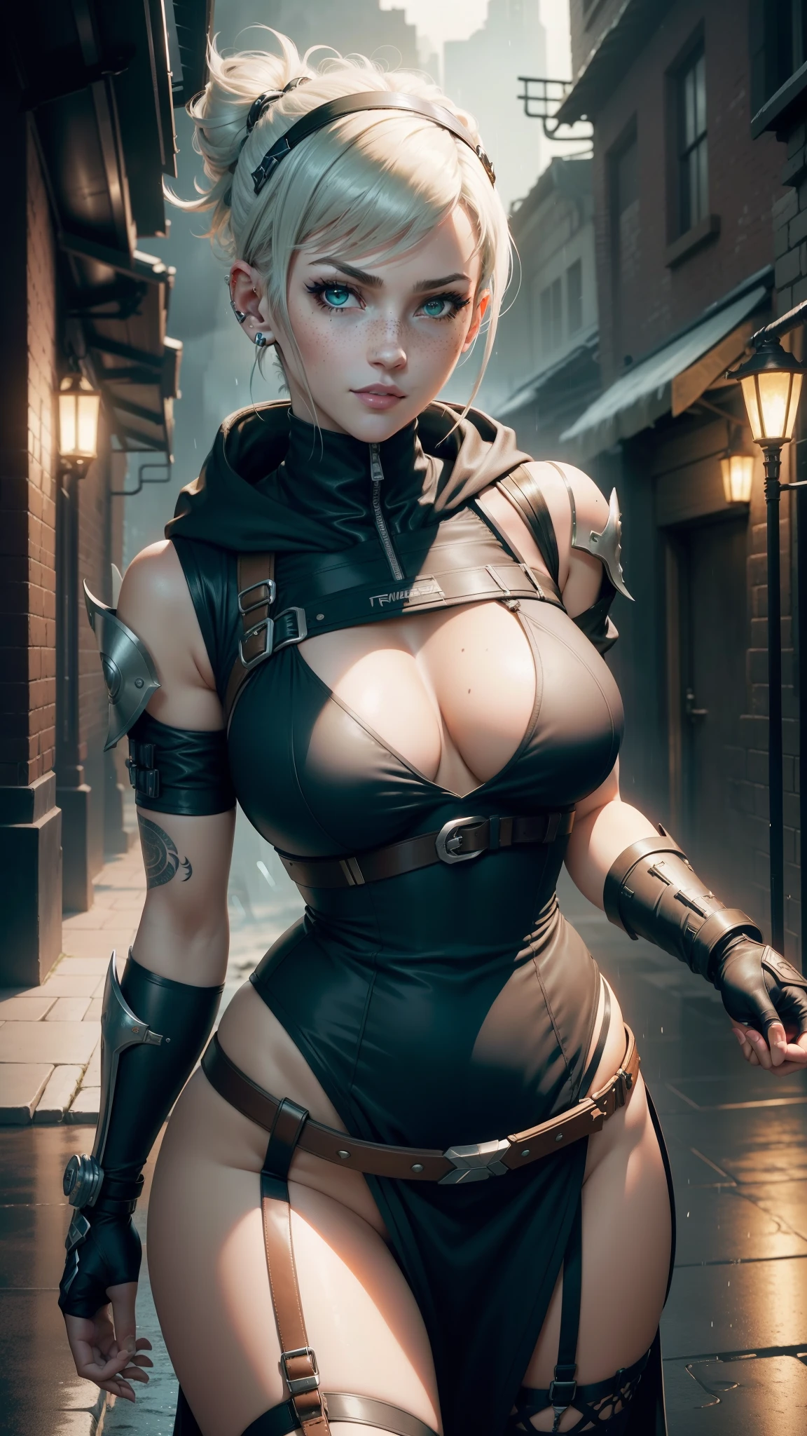 gwen tennyson,tracer,yorha 2b,rebecca chambers, overwatch, atelier ryza, close up, battle ruins, tattoos, orange plugsuit, short sleeve ninja top, short sleeve ninja leotard, garter belt, harness corset, long dress train, short ponytail hair, punk makeup, green eyes, multicolored silver hair, sexy smile, freckles, beautiful girl, large breasts,8k,ultra detailed, realistic, fantasy art, ninja armor, cyborg armor, harness armor, long ninja hooded cloak, hair pin, ear piercings, moonlight, gold hand and neck jewelry, battle stance,(weather: rainy),cowboy shot, ninja knifes,