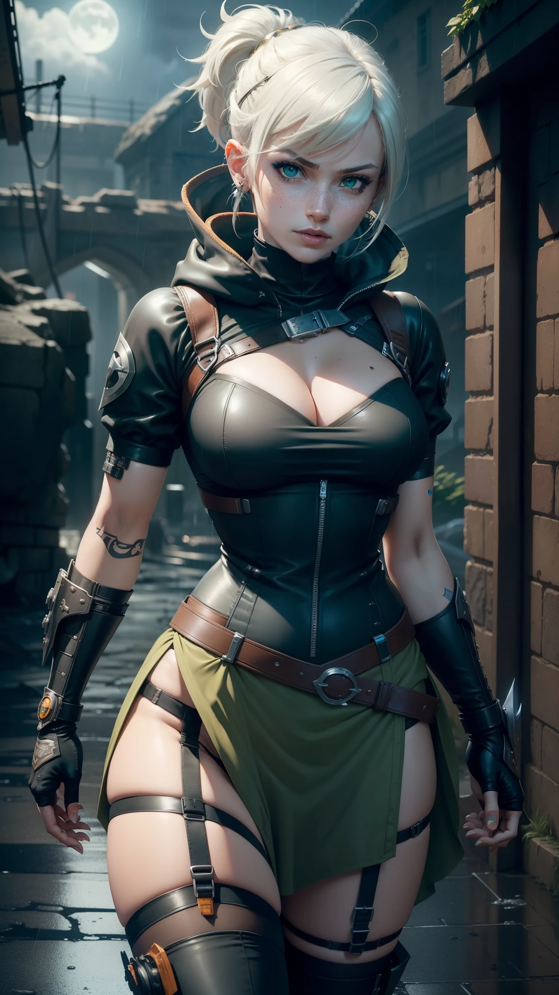 gwen tennyson,tracer,yorha 2b,rebecca chambers, overwatch, atelier ryza, close up, battle ruins, tattoos, orange plugsuit, short sleeve ninja top, short sleeve ninja leotard, garter belt, harness corset, long dress train, short ponytail hair, punk makeup, green eyes, multicolored silver hair, sexy smile, freckles, beautiful girl, large breasts,8k,ultra detailed, realistic, fantasy art, ninja armor, cyborg armor, harness armor, long ninja hooded cloak, hair pin, ear piercings, moonlight, gold hand and neck jewelry, battle stance,(weather: rainy),cowboy shot, ninja knifes,